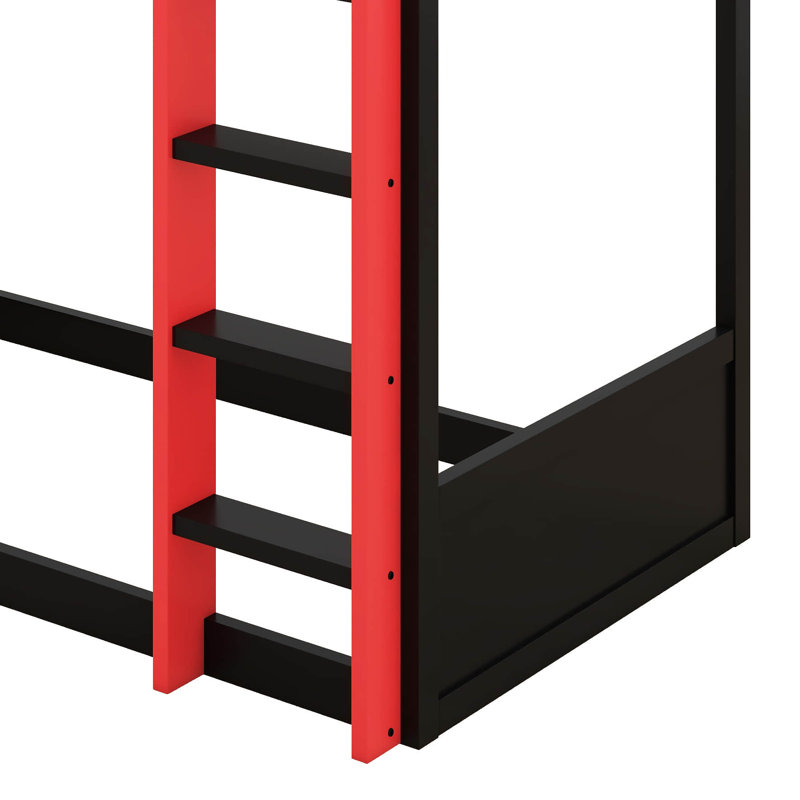  Lit superposé en bois avec bureau intégré, lumières DEL, port USB et 2 tablettes de rangement, lit mezzanine en bois, Rouge