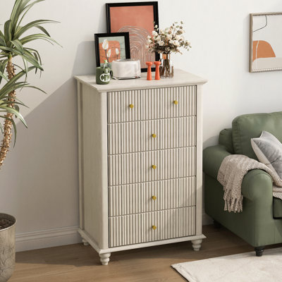 Fluted 5 Drawer Dresser, 45 Inch Tall Modern Chest of Drawers, Bedroom Dresser with Metal Handle, Wooden Drawer Organizer for Bedroom, Living Room, Ha by Red Barrel Studio