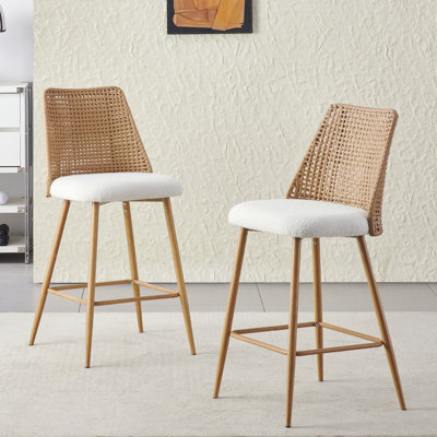 Rattan Counter Height Bar Stools Set Of 2, Fabric Upholstered Barstools With Pe Rattan Cane Back, Bar Chairs Counter Stools For Kitchen Island,beige White