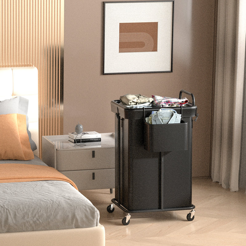 Panier à linge avec roulettes, panier à linge roulant, cadre en métal avec poignée, rangement pour couvertures, Noir mat