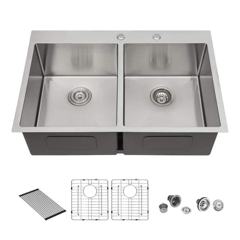 Double Bowl  Drop In Sink - 33"X22"X10" Stainless Steel Kitchen Sink 16 Gauge With Two 10" Deep Basin