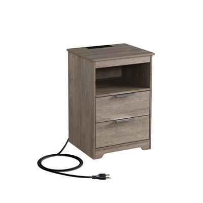 Wooden Nightstand with Charging Station and 2 Drawers