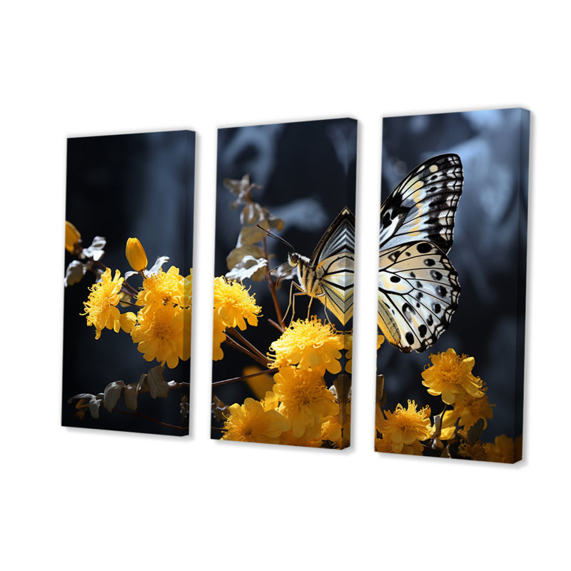 «Yellow Gray Butterfly Haven I», ensemble d'art mural sur toile, H 28 po x l 36 po x P 1 po