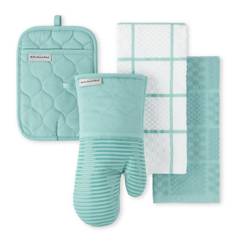 Ensemble de 4 serviettes de cuisine matelassées, gant de cuisine et poignées KitchenAid, Ciel turquoise