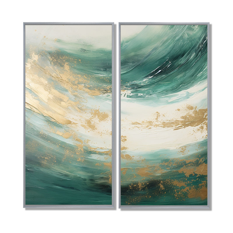 «Gold and Green Soft Wave Fusion - Abstract Shapes», art mural, H 40 po x l 40 po, Impression encadrée flottante