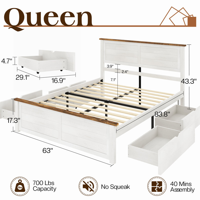  Queen Size Solid Wood Platform Bed with 4 Storage Drawers,White/Brown, Rustic White/Brown, Queen