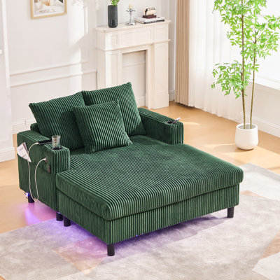 Canapé inclinable moderne en velours côtelé surdimensionné avec assise profonde, 3 coussins, charge USB, bande lumineuse à DEL RVB, porte-gobelet, poche latérale - convient au salon et à la chambre à coucher