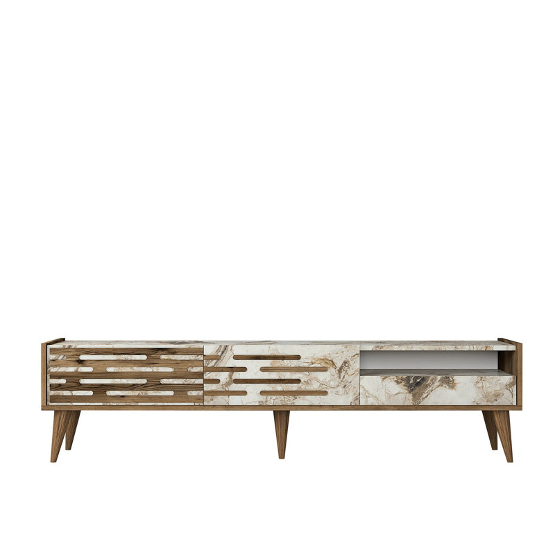 Modern TV Stand with Shelves, Walnut & White Marble Finish, 70.9 x 13.8 x 27.6 inches | 100% Melamine Coated Particle Board, Durable Plastic Handles & Legs | Stylish Geometric Design for Living Room & Entertainment Spaces