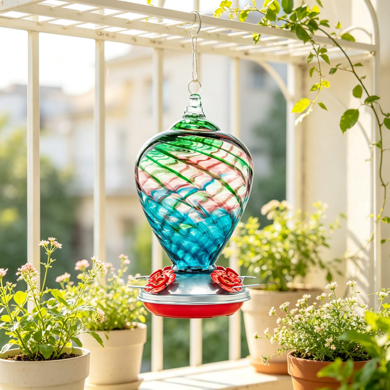 Mangeoire à colibri en verre soufflé à la main pour suspendre à l'extérieur avec douves de fourmis et crochets, mangeoire à oiseaux en nectar décorative pour jardin