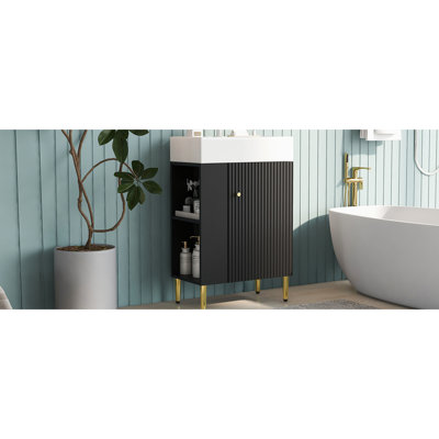 Meuble-lavabo noir 21,6 po avec lavabo en céramique et tablette latérale de conception contemporaine