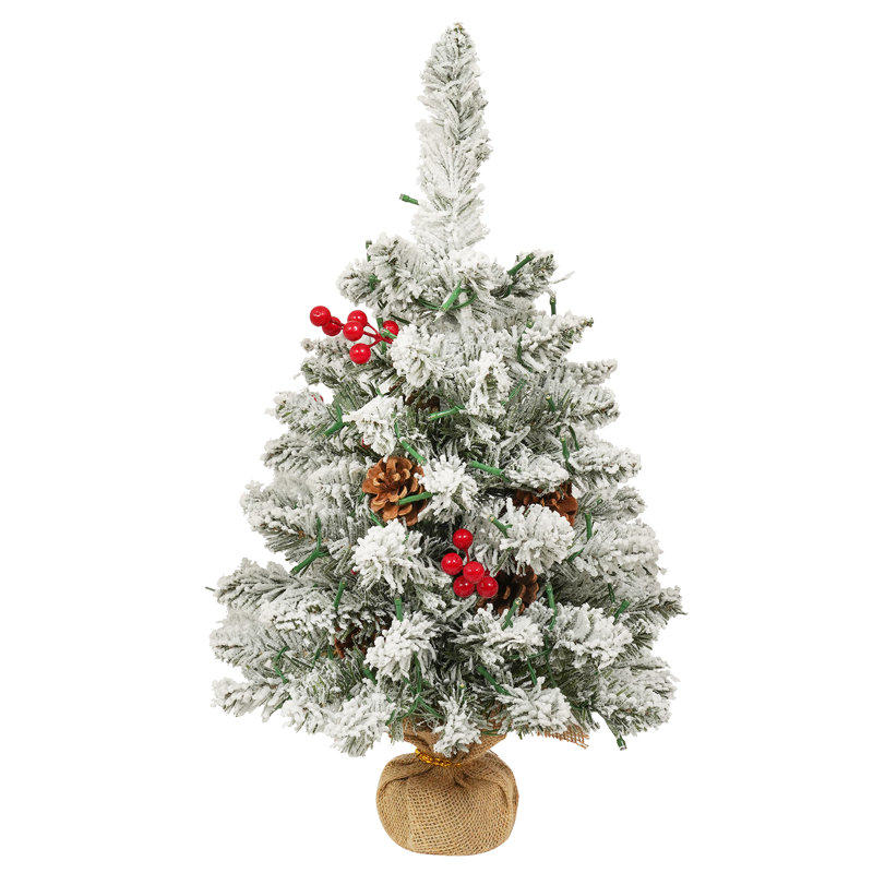 2ft Artificial White Tabletop Christmas Tree with Pine Cone Red Fruit Branch Tips and LED String Lights