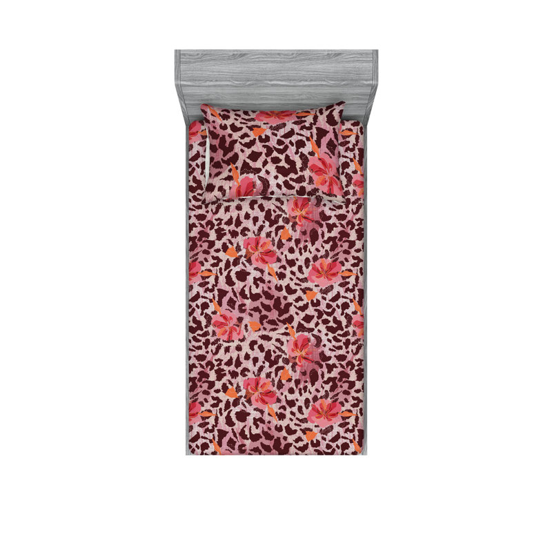 Drap-housse et taies décoratives 3 pièces Ambesonne, Rose, corail foncé et vermillon avec imprimé flo