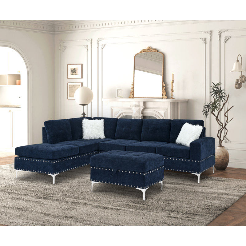 Canapé modulaire rembourré 3 pièces Rovina, Chenille bleue marine