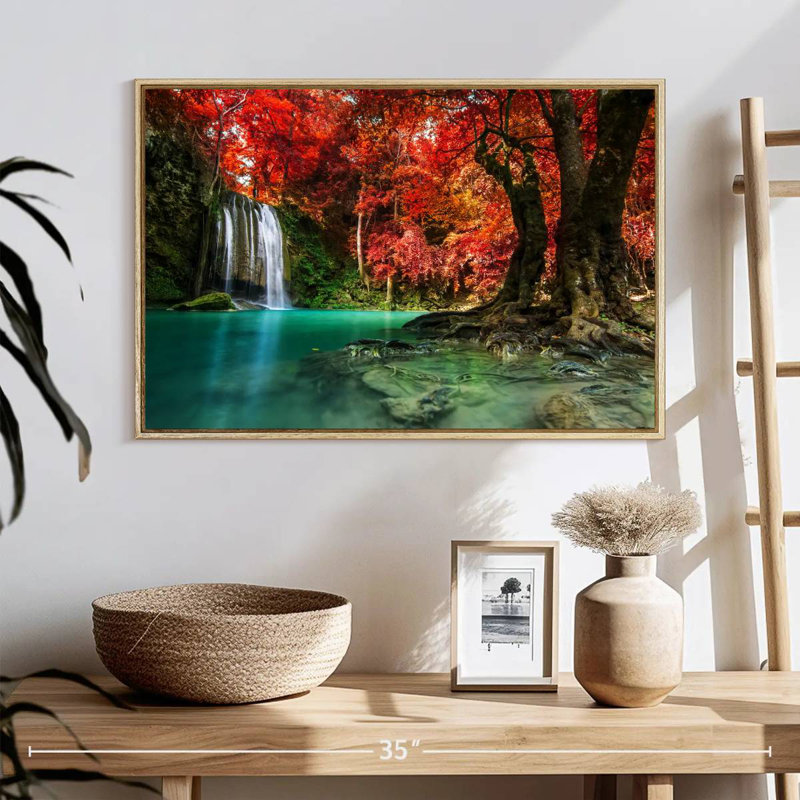 Arbres d'automne et cascade, Cadre flottant en bois naturel, 25 po x 17 po
