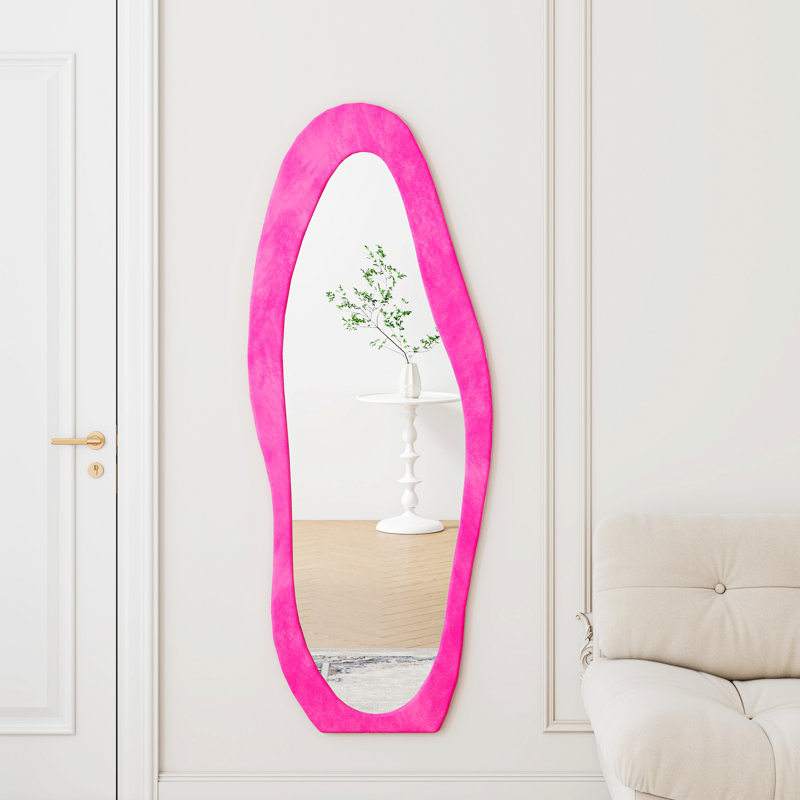 Full Length Mirror,Wooden Frame Floor Mirror,Irregular Wavy Mirror For Bedroom, Living Room, Dressing Room, Rose Pink