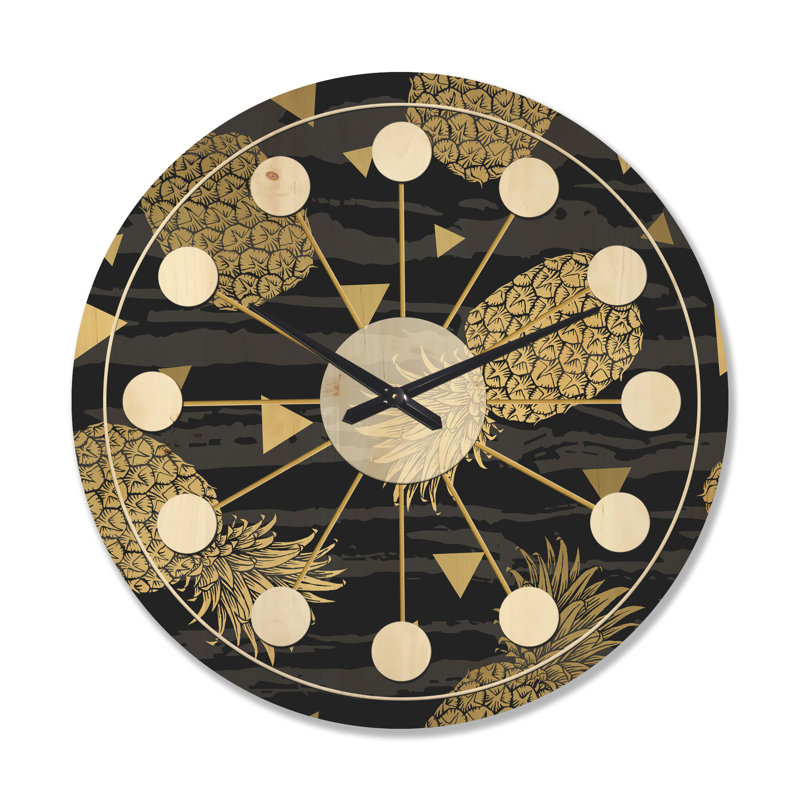 Horloge murale Mid-Century en bois doré et ananas doré, Grand