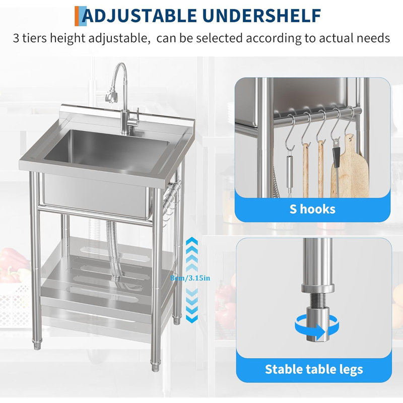 Évier utilitaire en acier inoxydable NSF, bol simple autoportant avec robinet d'eau chaude et froide coulissant, crochets en S et tablette