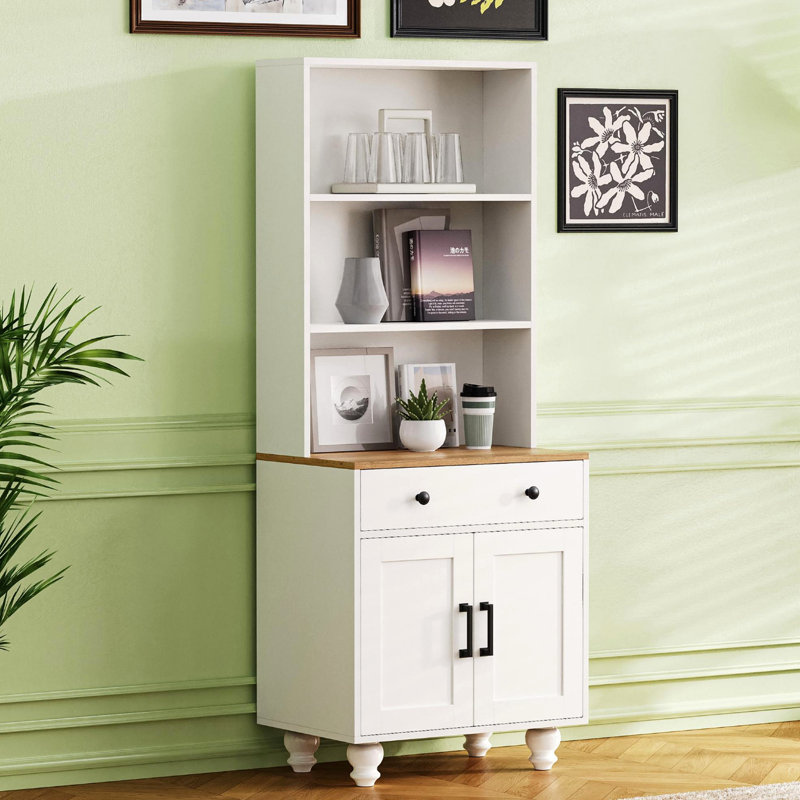 Armoire de rangement Farmhouse avec 4 pieds en bois massif en forme de gourde, armoire de cuisine moderne avec tablettes réglables, bibliothèque à 5 niveaux avec tiroir