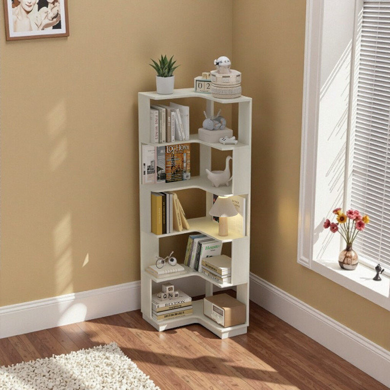 6-Tier Corner Bookcase – Space-Saving L-Shaped Shelf with Anti-Tip Safety, White