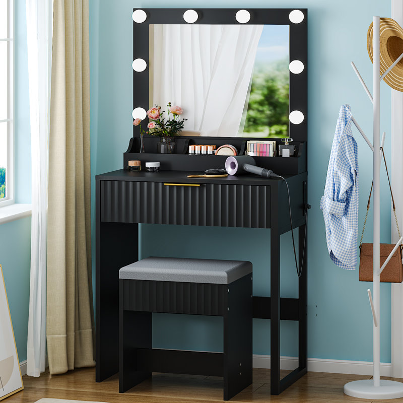 Dressing Table Set - 1 Drawer & 3 Compartments, 8 Dimmable Bulbs, Black
