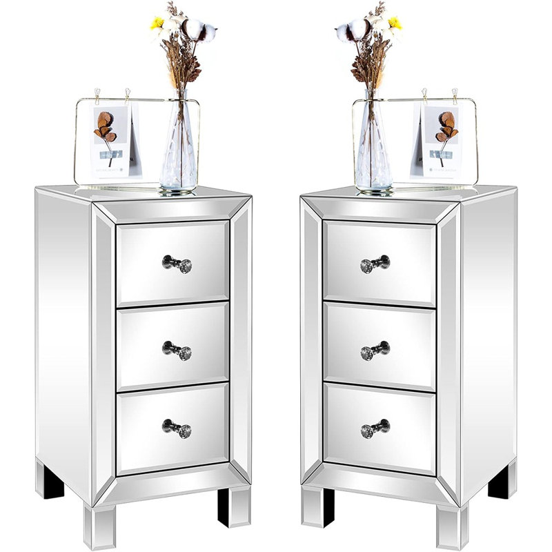 Ensemble de 2 tables de chevet 3 tiroirs avec miroir, table de bout, table de chevet, table de chevet en verre pour la chambre à coucher, le salon,