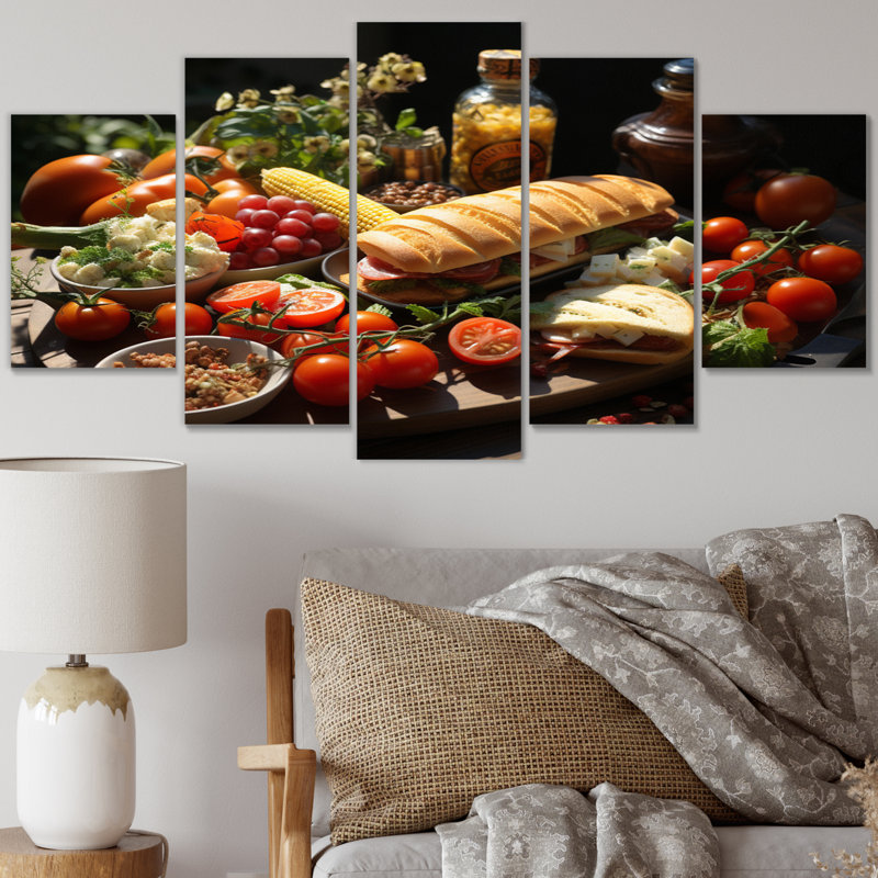 Pique-nique, photographie alimentaire - nourriture et boissons, art mural sur toile - 5 panneaux