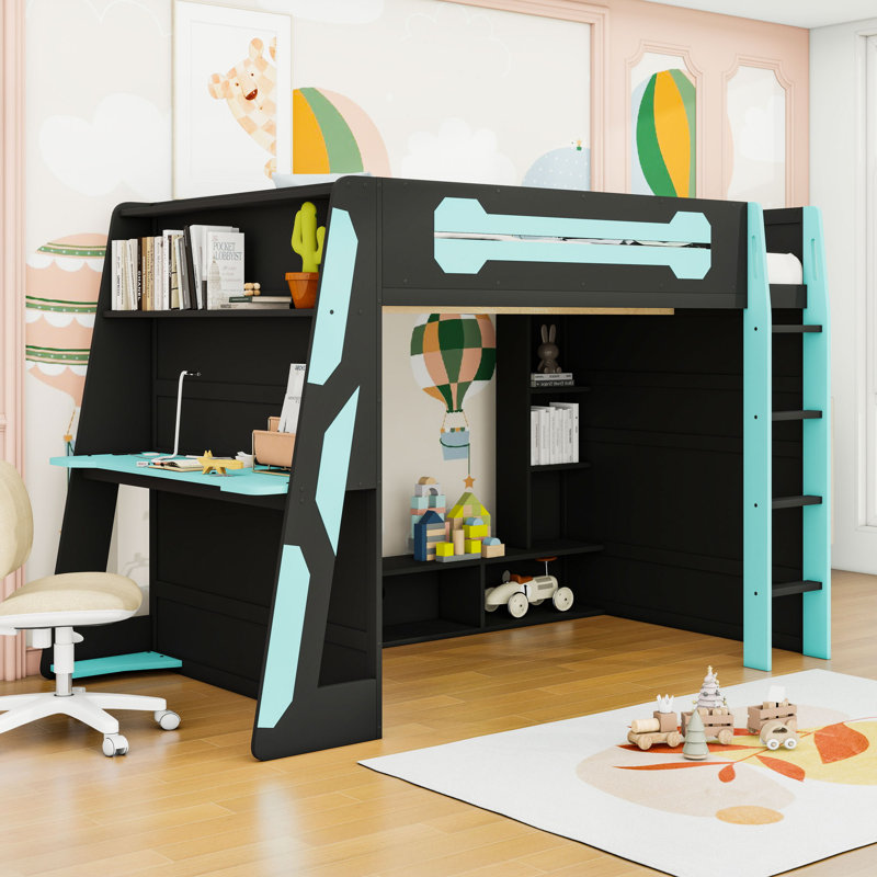 Lit mezzanine double en bois avec bureau, tablettes et lumière RVB, Bleu nuage