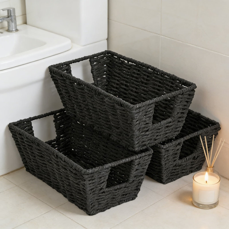 Handwoven Paper Rope Storage Baskets With Handles, Sturdy Organizer Baskets For Shelves, Multipurpose Storage For Bathroom, Living Room, Office, And Kitchen Organization