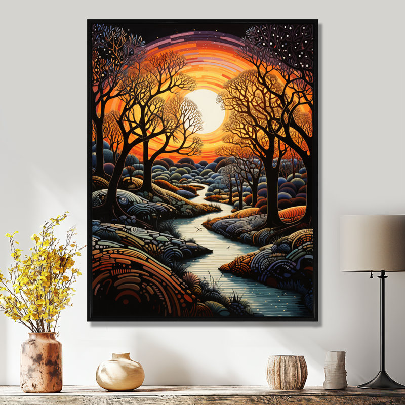 Décoration murale Enchanted Forest Blue Stream - rivière, Toile avec cadre flottant noir, H 40 po x l 30 po x P 1,5 po