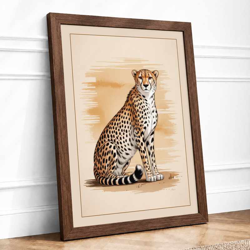 Seated Cheetah Boho - Framed Print, A2 - 59.4 x 42.0 cm, Walnut