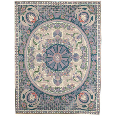 Tapis unique bleu / beige 9 pi x 12 pi Kashmiri