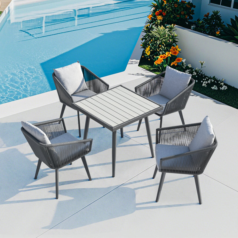 Rectangular Outdoor Dining Set with Cushions, Gray/Dark Gray, 4