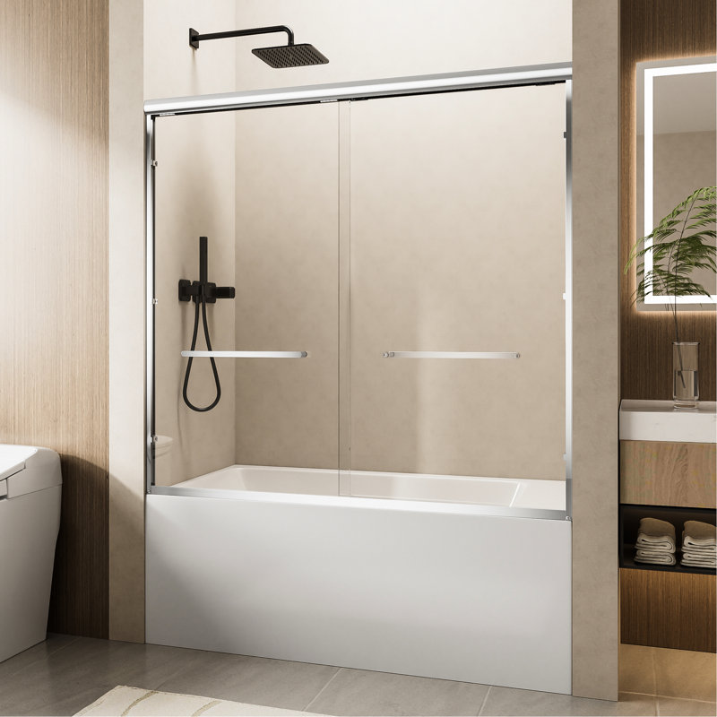 60" W X 57" H Soft-close Double Sliding Shower Door With Finish, 1/4" Thick Tempered Glass, Dual Stainless Steel Handles, , Reversible For Space - Saving Bathroom Designs, Leakproof Design Magnetic