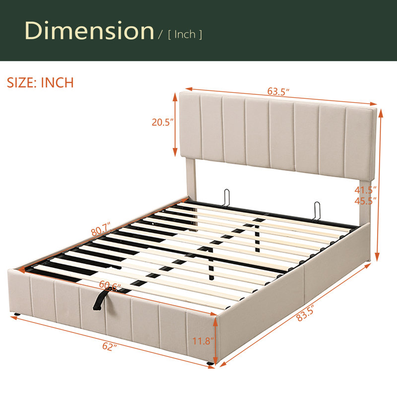 Upholstered Platform Bed With A Hydraulic Storage System, Beige, Queen