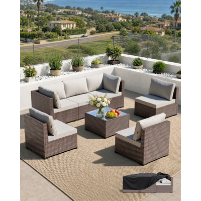  Ensemble de meubles de patio 7 pièces avec housse de qualité supérieure, canapé modulaire en rotin et osier, conversation extérieure toutes saisons pour la cour, le porche, le balcon, le jardin et la piscine