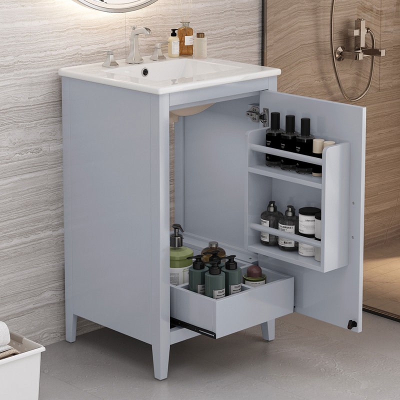 Meuble-lavabo de 20,3 po avec lavabo, tiroir fonctionnel, tablette de porte, porte à fermeture en douceur, Gris