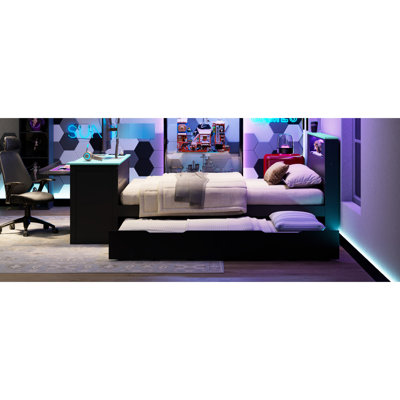 Lit plateforme double noir et bleu, lit gigogne simple, bureau, tête de lit à DEL, tête de lit intelligente, installation d'éclairage réglable, de jeux et de bureau dans la chambre d'étudiant, multiusage