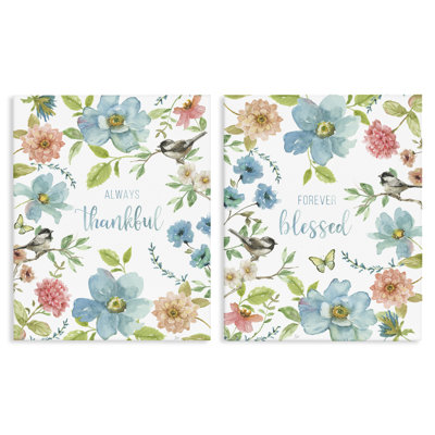 Pink & Blue Gratitude Blooms 2pc Canvas Set, design by Nan