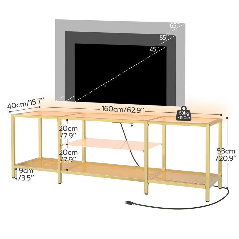 Console de télévision moderne en verre trempé de 63 pouces avec étagères ouvertes