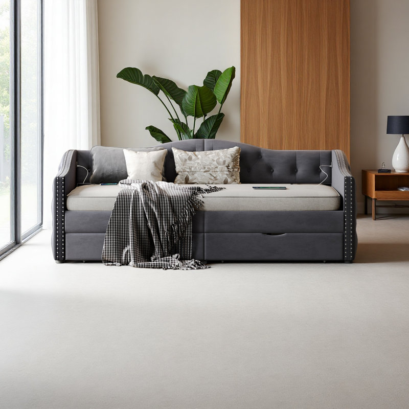 Upholstered Cloud Bed Frame With Headboard, With 2 Storage Drawers And 2 USB Charging Design, Solid Wood Legs And Slats, No Box Spring Needed,Full