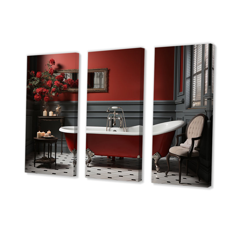 «Red Modern Bathroom Charm III», reproduction sur toile 3 pièces, H 32 po x l 48 po x P 1 po