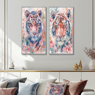 Pink Tiger Portrait Blooms I - Tiger Animal Wall Art 2 Pieces Set