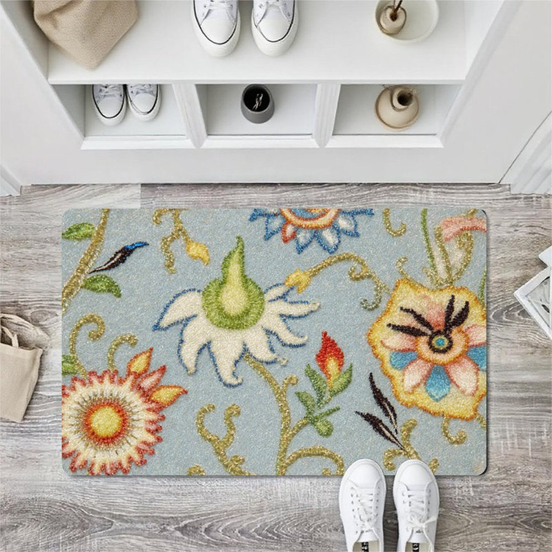 Paillasson à broderie florale bleu clair 24 L x 36 l pour porche d'entrée