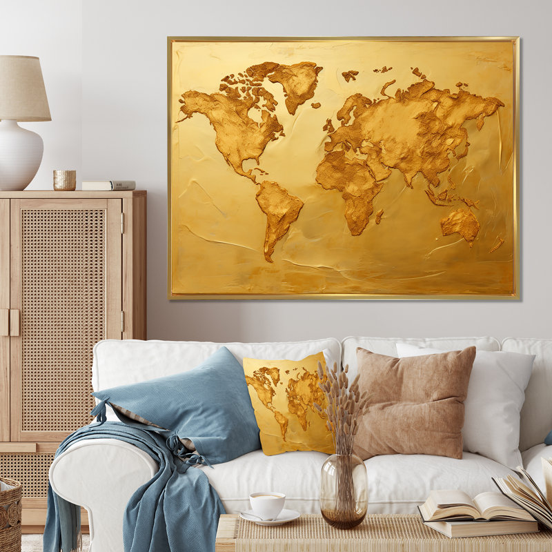 Golden World Map Geographies - World Map Canvas Prints, Gold Floater Framed, 24" H x 32" W x 1" D