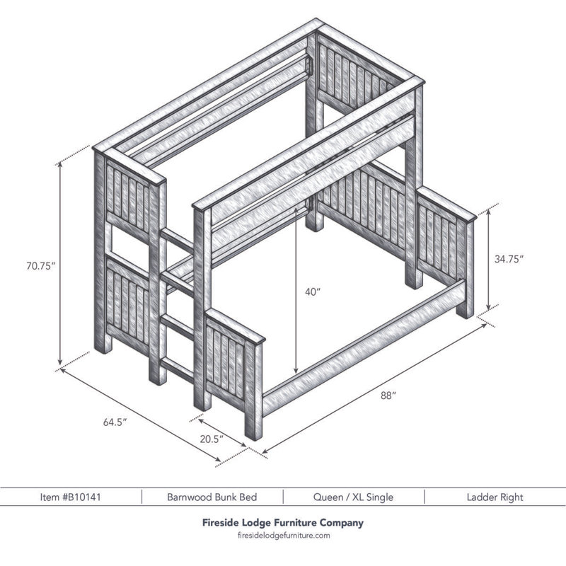 Solid Wood Standard Bunk Bed by Fireside Lodge, Twin over Queen with Ladder on Right