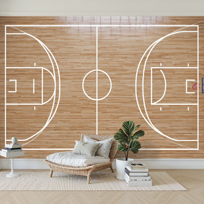 Peel and Stick Wallpaper 96" W x 69" H Modern Self Adhesive Wall Mural for Bedroom Top view Basketball court layout line wooden texture