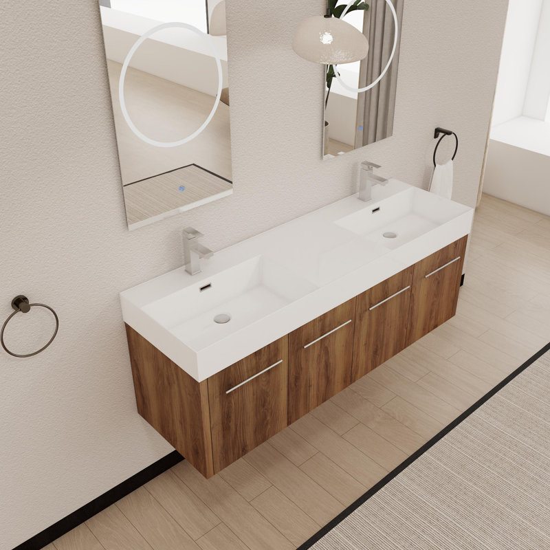 Meuble-lavabo mural avec lavabo, double rebord en résine épaisse, Blanc