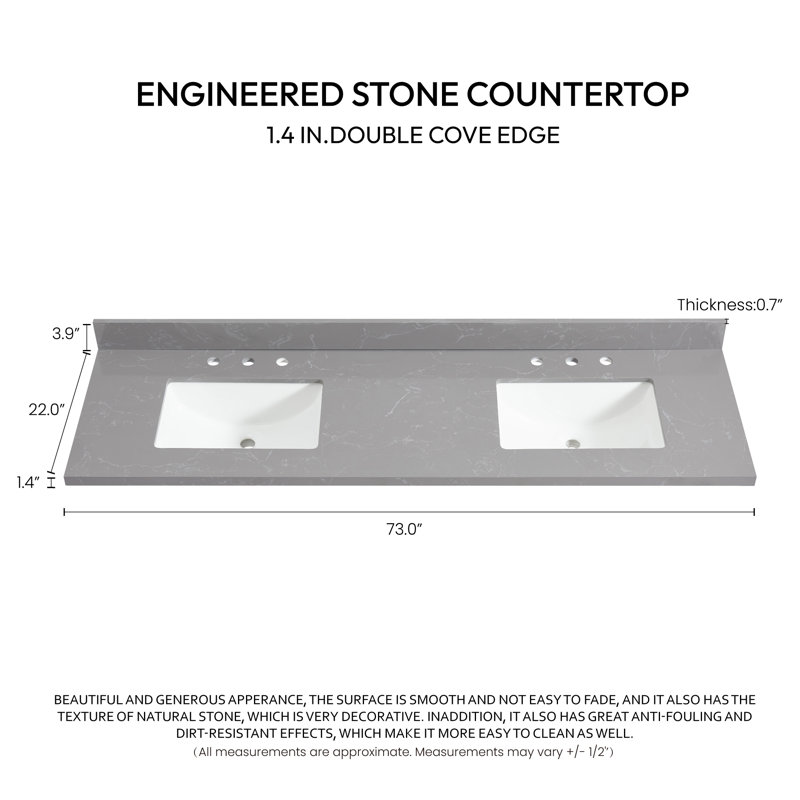 Jaen 73'' Reticulated Grey Stone Double Sink Vanity Top