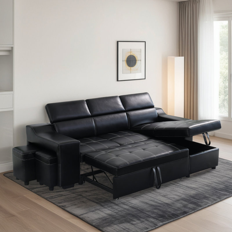 Ensemble de canapé convertible 3 pièces en cuir noir respirant avec rangement et fonction de lit - Canapé modulaire multifonctionnel pour petits espaces