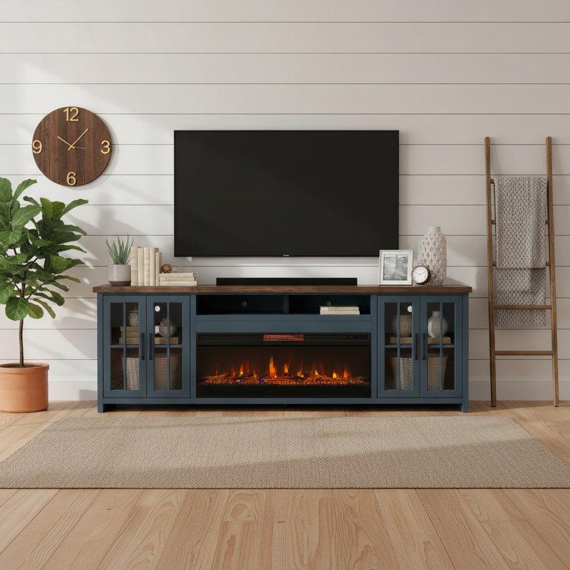 Meuble télé avec foyer 97 po pour téléviseur de 100 po ou moins Brixham, Denim / whisky